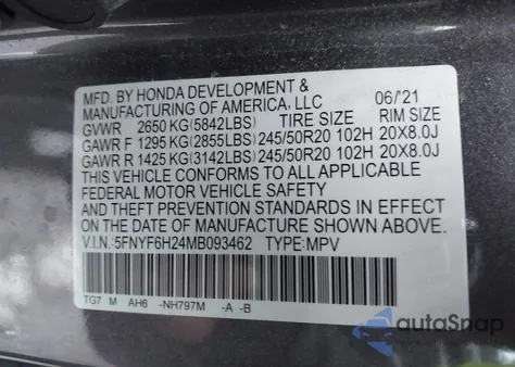 2021 Honda Pilot Awd Special Edition из США, поврежденный, VIN 5FNYF6H24MB093462